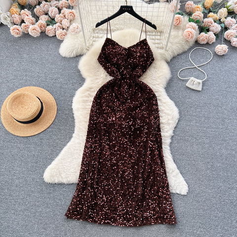 French Style Sequined Suede Slip Dress