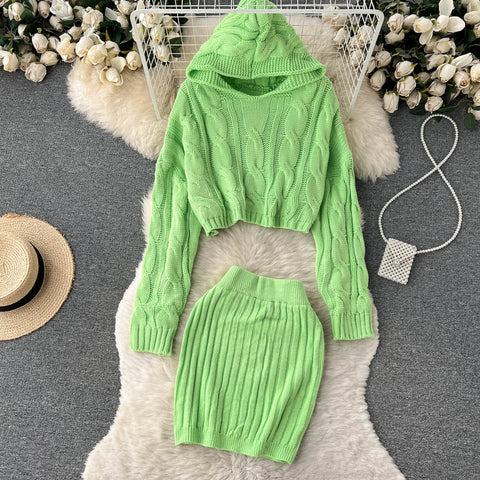 Hooded Sweater&Hip-wrapping Skirt 2Pcs