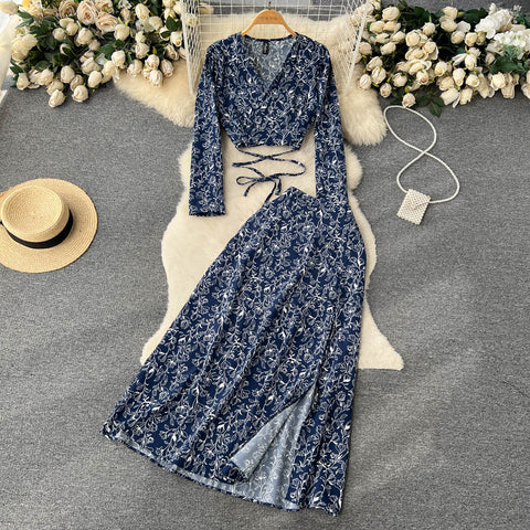V-neck Top&Split Skirt Floral 2Pcs