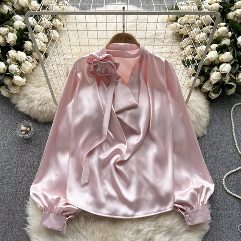 French Style 3d Satin Flower Shirt
