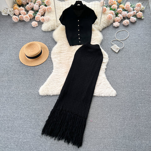 Lapel Knitwear&Fringed Skirt Knitted 2Pcs