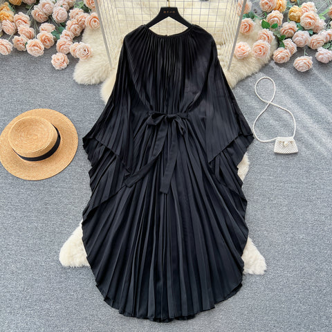 Solid Color Lace-up Pleated Dress