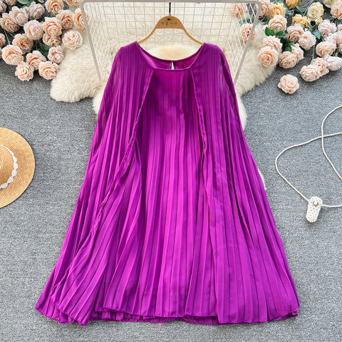 Solid Color Pleated Cape Dress