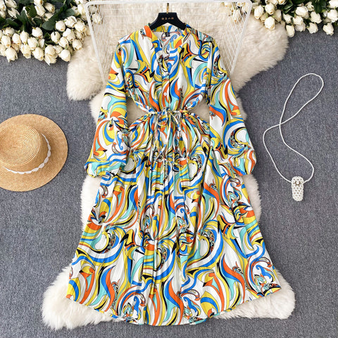 French Style Pleated Printed Dress