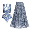 Cyan Floral Swimwear&Wrap Skirt 2Pcs