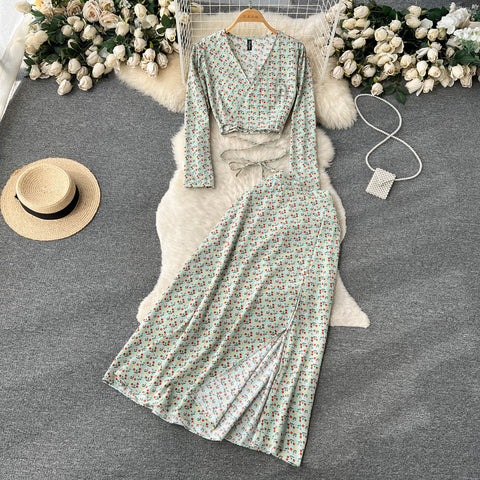 V-neck Top&Split Skirt Floral 2Pcs