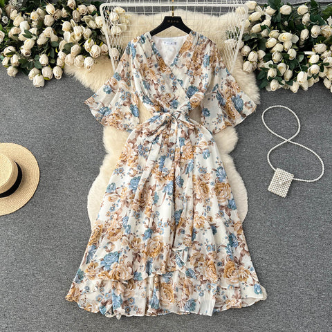 Flared Sleeve V-neck Floral Dress