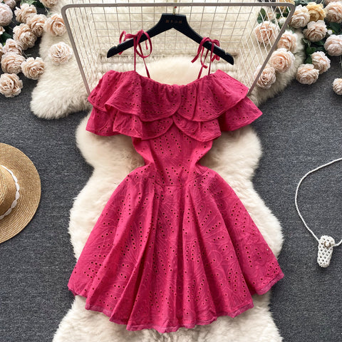 Solid Color Ruffled Embroidery Slip Dress
