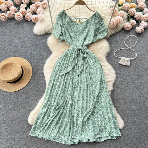 Fairy Pleated Lace-up Floral Dress