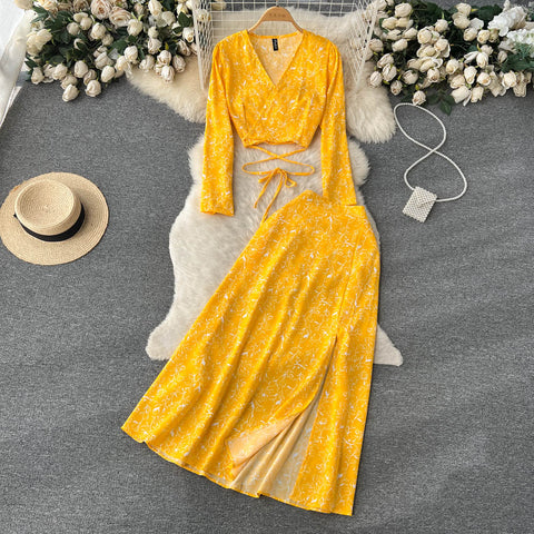V-neck Top&Split Skirt Floral 2Pcs