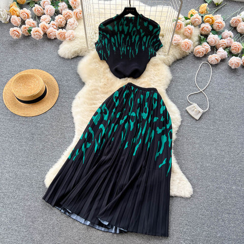 Knitwear&Pleated Skirt Printed2Pcs