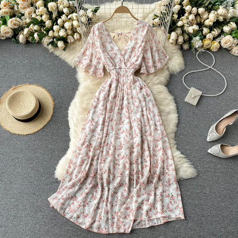 V-neck Slim Chiffon Floral Dress