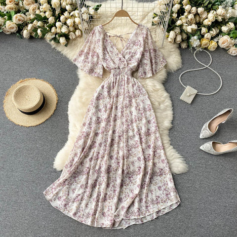 V-neck Slim Chiffon Floral Dress