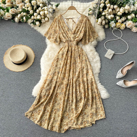 V-neck Slim Chiffon Floral Dress