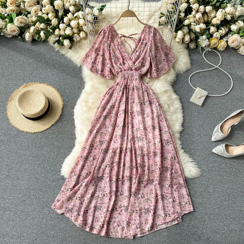 V-neck Slim Chiffon Floral Dress