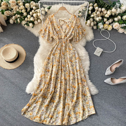 V-neck Slim Chiffon Floral Dress