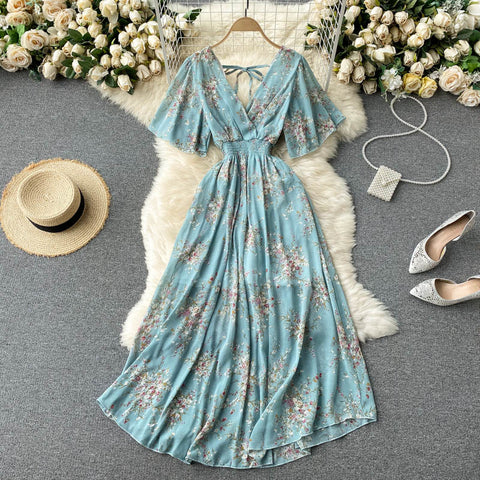 V-neck Slim Chiffon Floral Dress