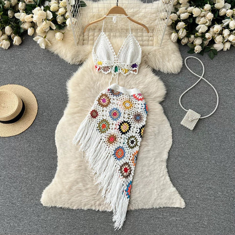 Hollowed Crochet V-neck Top&Skirt 2Pcs