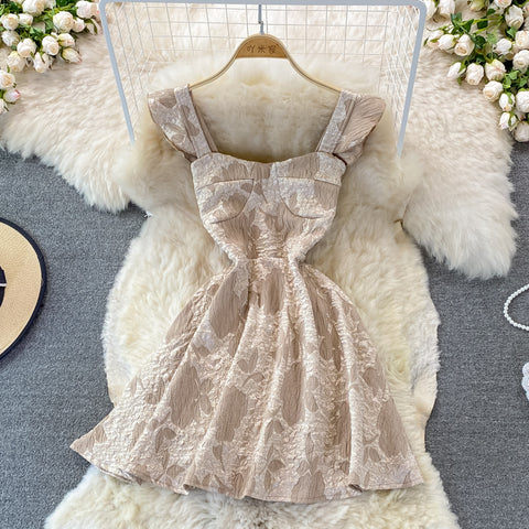 Jacquard Dress With Square Collar And Waist
