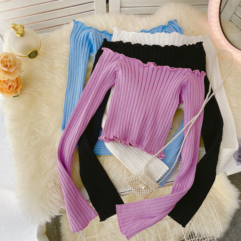 Strapless Navel Knit Long Sleeve T-shirt