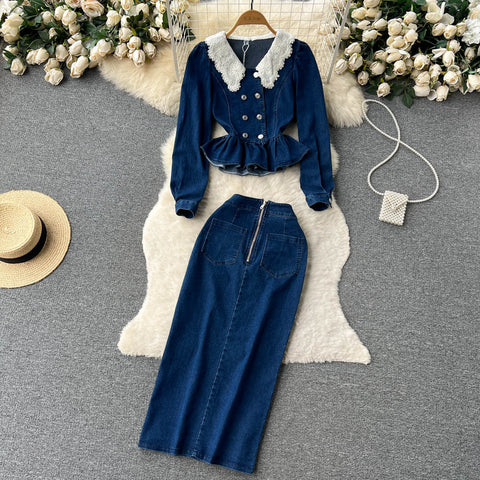 Doll Collar Jacket&Skirt Denim 2Pcs Set