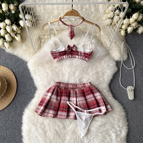 Plaid Crossover Tank Top&Pleated Skirt Set