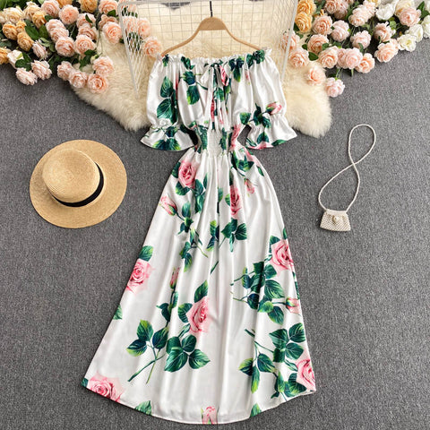 Off-The-Shoulder Puff Sleeve Printed Dress