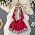 Red Lace Patchwork Cut-out Halter Dress