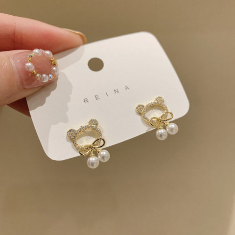 Pearl Bear Bow Stud Earrings