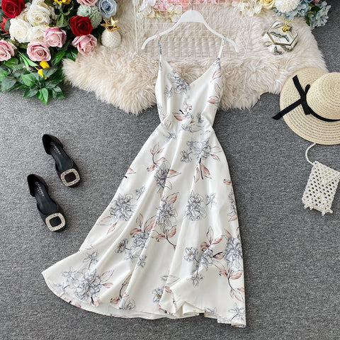 Printed V-neck Strap Beach Dress