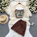 2pcs Bubble-sleeve Top with Pleated Skirt