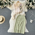 Mesh Embroidered Top&Buttoned Skirt 2Pcs
