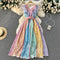 Rainbow Printed Ruffled V-neck Dress