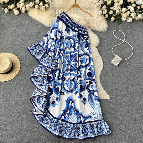 Irregular Celadon Printed One-shoulder Dress