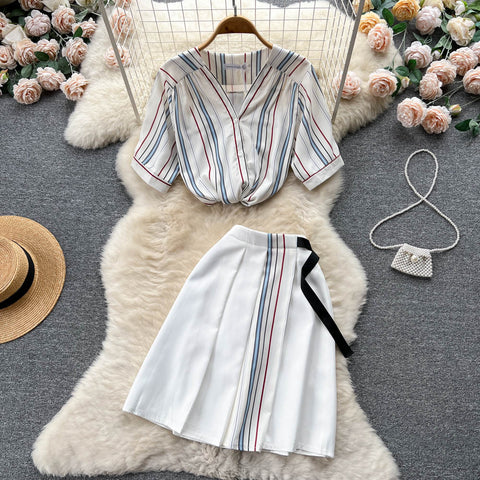 Short-sleeved Shirt&High-waist Skirt Striped 2Pcs