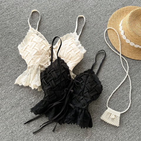 Sweet Lace V-neck Woven Pattern Top