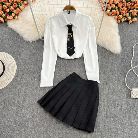 Tie Shirt Top High Waist Pleated Skirt Two Piece Set
