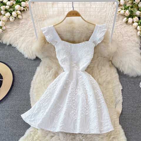 Jacquard Dress With Square Collar And Waist
