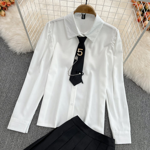Tie Shirt Top High Waist Pleated Skirt Two Piece Set