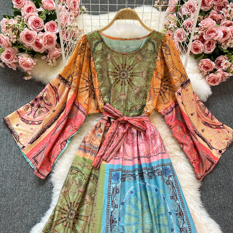 Round Neck Colorful Print Panel Contrast Dress