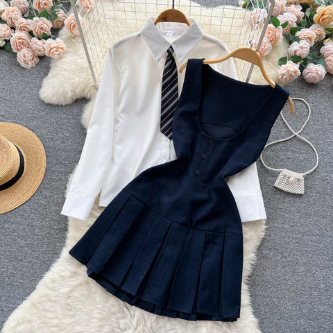 Long Sleeve Blouse&Pleated Dress 2Pcs