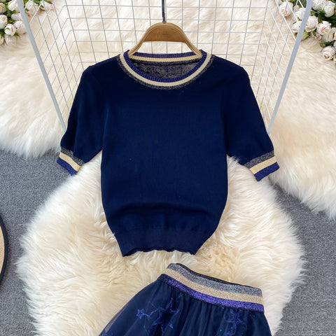 Star Sequined Mesh Skirt & Knit Top Two-piece