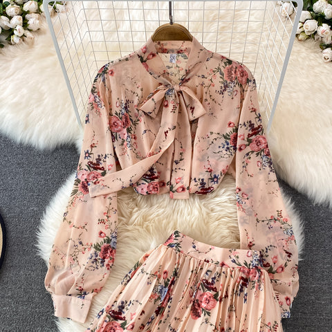 Two-piece Bow Tie Floral Chiffon Shirt And Skirt