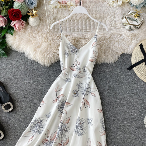 Printed V-neck Strap Beach Dress