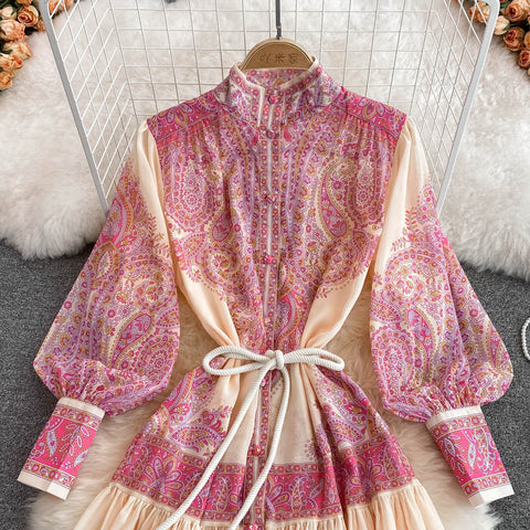 Palace Style Lantern Sleeve Printed Dress