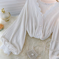 V-neck Shirt With Pleated Lace And Pearl Buttons