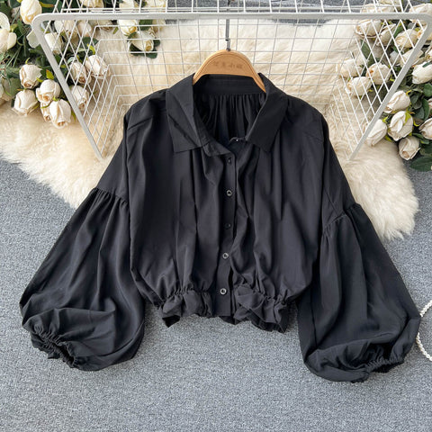 Puffy Sleeve Lapeled Short Blouse