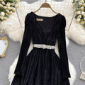 Black Gold Velvet Lace Stitching Dress