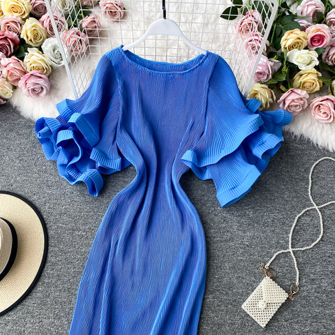 Ruffled Flared Sleeve Pleated Dress