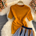 Short Knit Top Pleated Skirt Two Piece Set